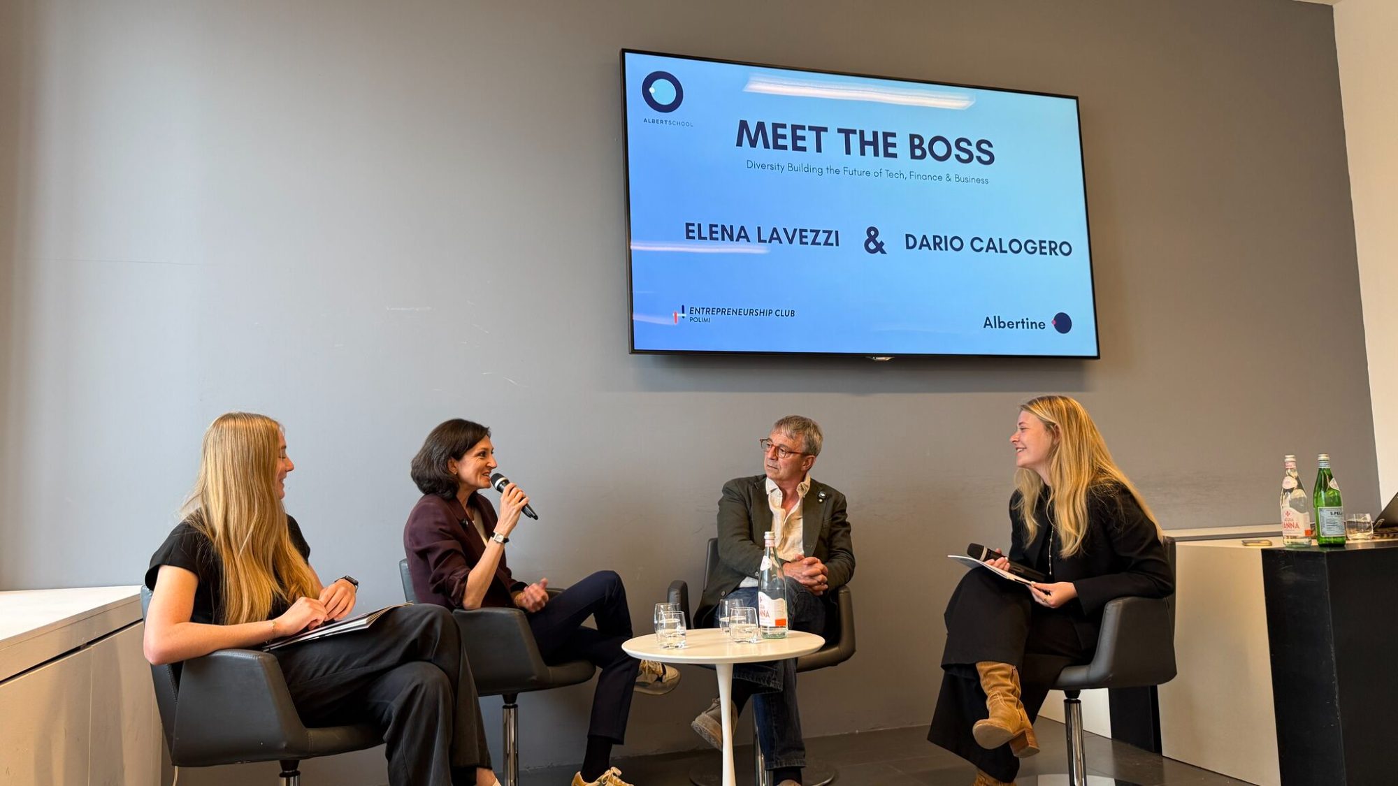 Albertine’s Meet the Boss talk: two student hosts interviewing Elena Lavezzi and Dario Calogero on stage