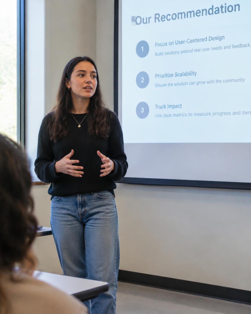 a young woman presenting her team's recommendation to the room