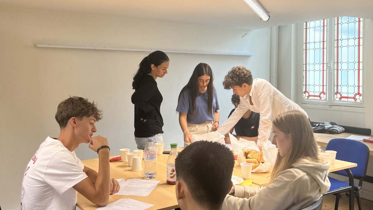 Students setting up a workshop table