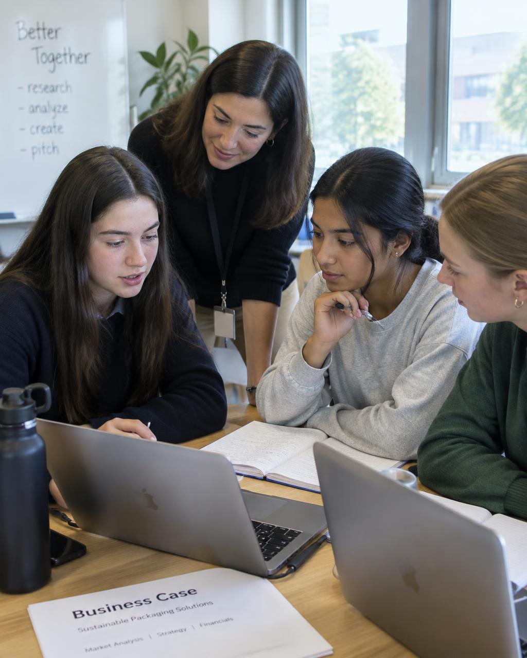 Girls working together on a case, a woman facilitator nearby